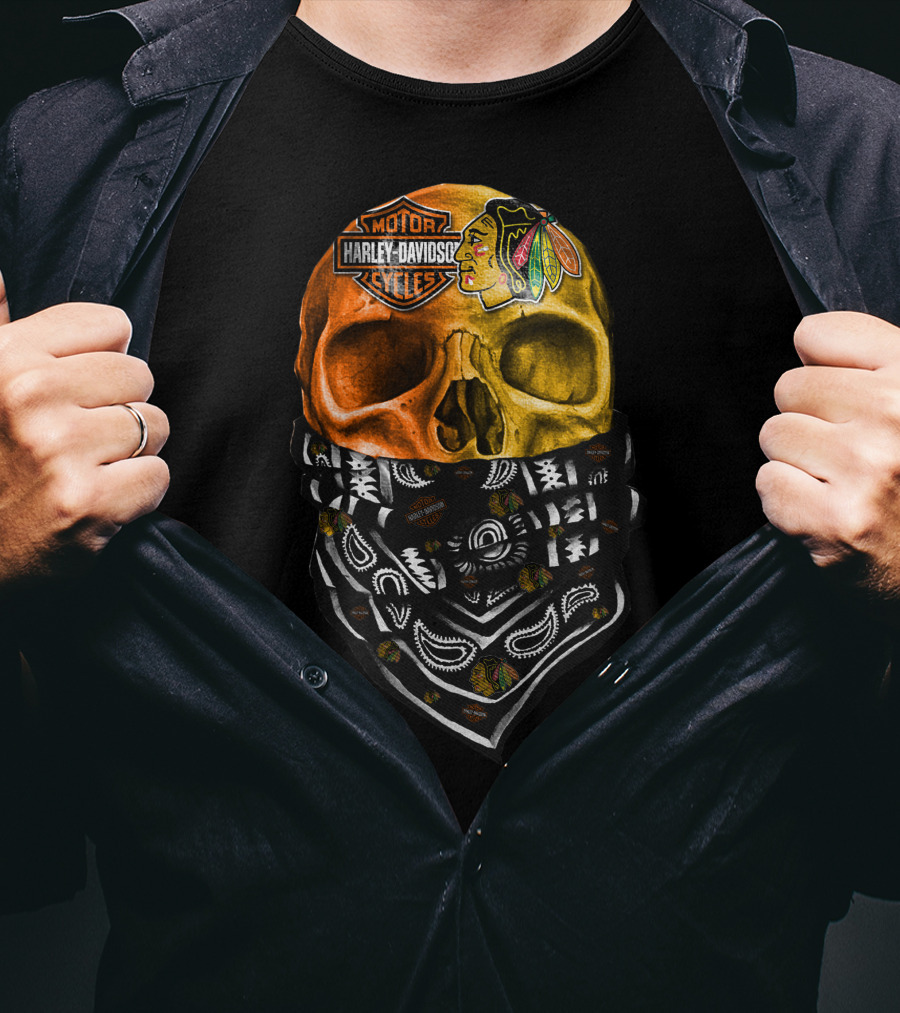Harley Davidson Motorcycles Skull With Blackhawks Bandana T-Shirt