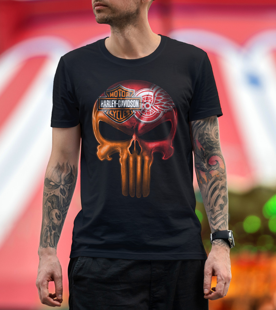 Harley Davidson Motorcycles Detroit Red Wings Punisher Skull T-Shirt