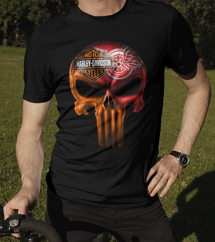Harley Davidson Motorcycles Detroit Red Wings Punisher Skull T-Shirt