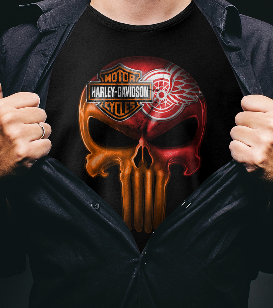 Harley Davidson Motorcycles Detroit Red Wings Punisher Skull T-Shirt