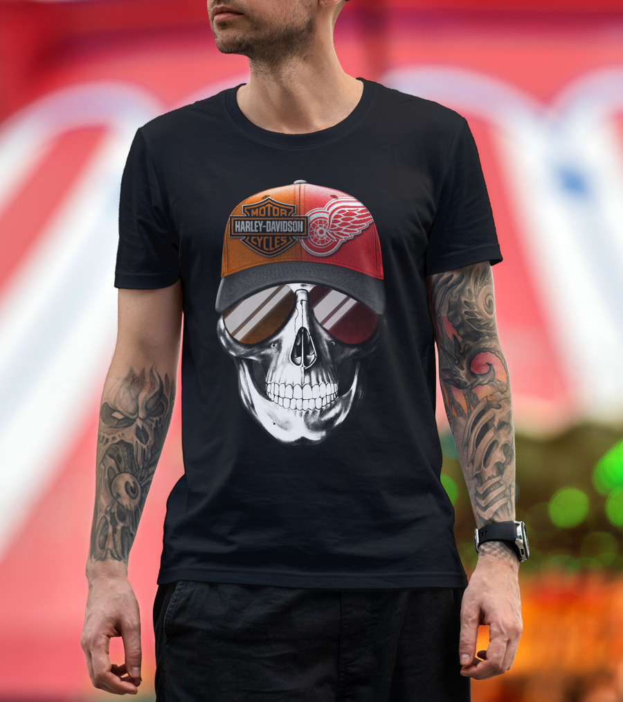 Harley Davidson Motor Cycles Red Wings Skull Cap T-Shirt