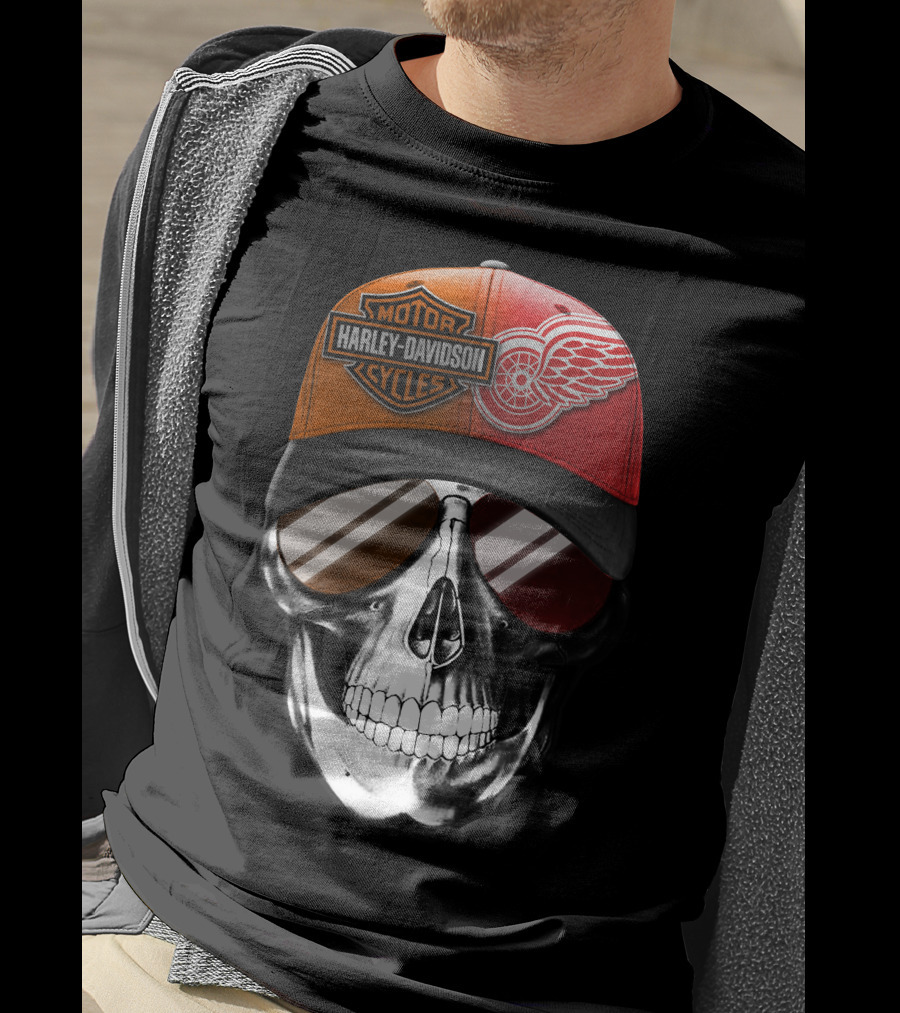Harley Davidson Motor Cycles Red Wings Skull Cap T-Shirt