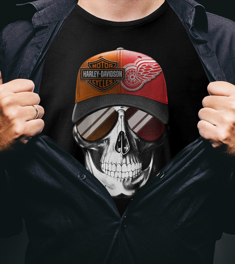 Harley Davidson Motor Cycles Red Wings Skull Cap T-Shirt