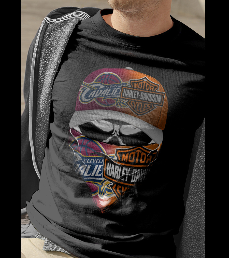 Cleveland Cavaliers Harley Davidson Cyclist Skull Face Mask And Cap T-Shirt