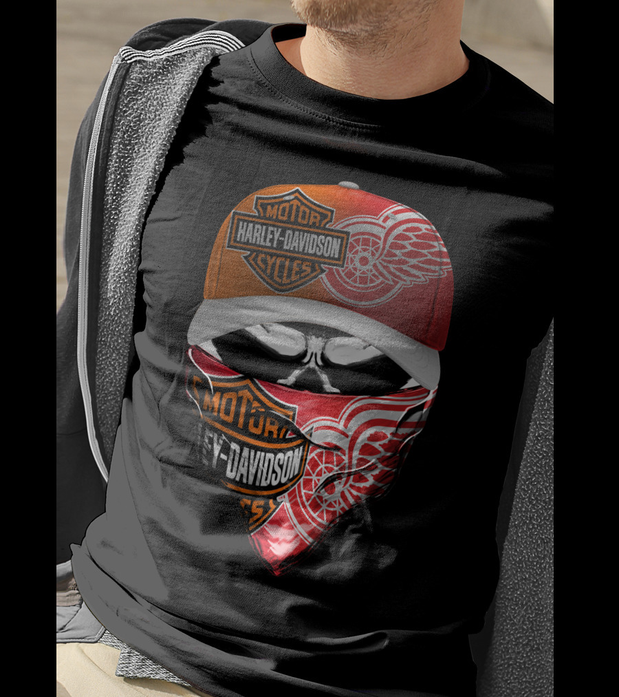 Harley Davidson Detroit Red Wings Bandana Hat Skull T-Shirt
