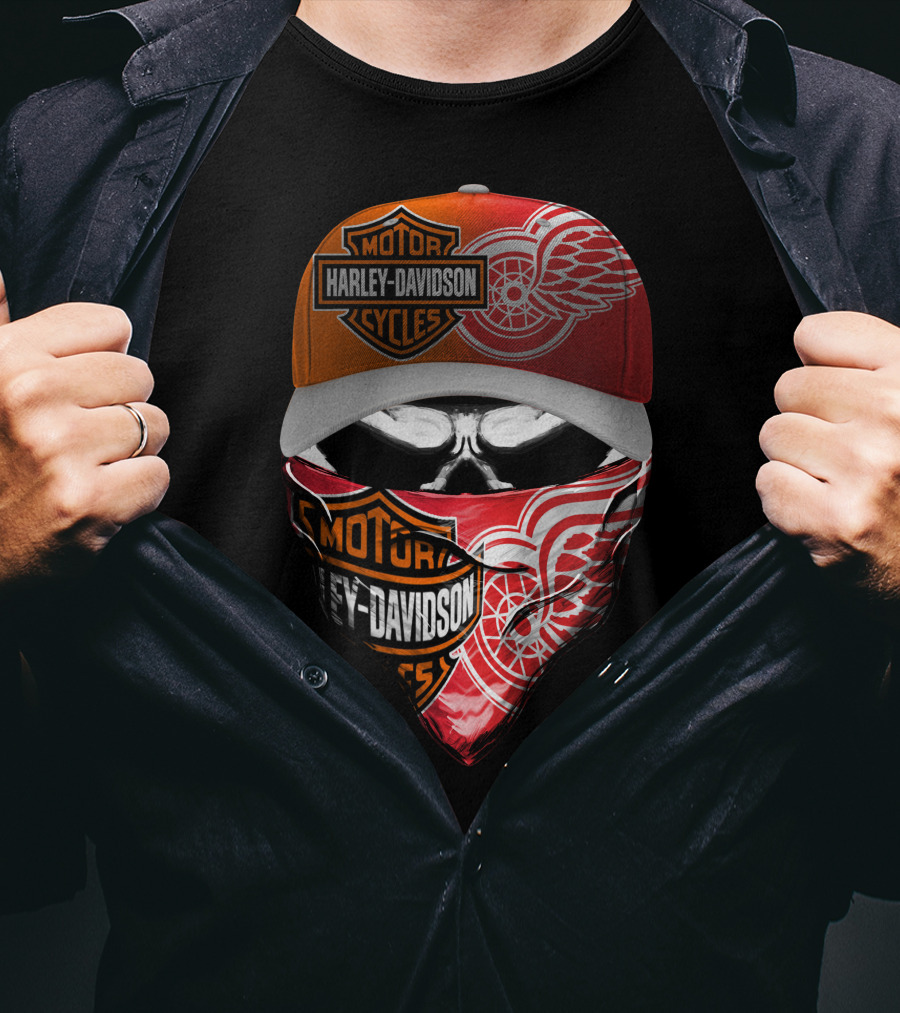 Harley Davidson Detroit Red Wings Bandana Hat Skull T-Shirt