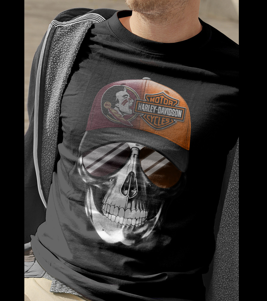 Harley Davidson Motor Cycles Logo Skull With Feathered Logo Cap T-Shirt