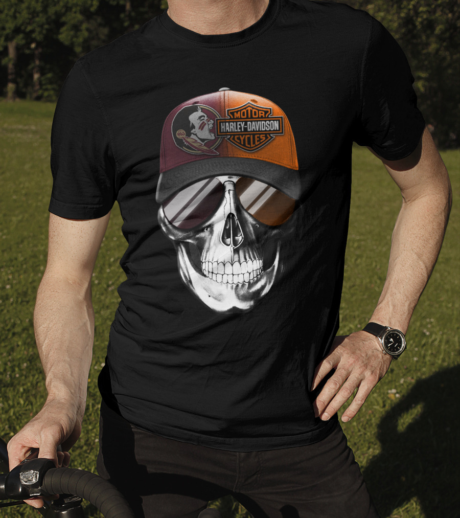 Harley Davidson Motor Cycles Logo Skull With Feathered Logo Cap T-Shirt