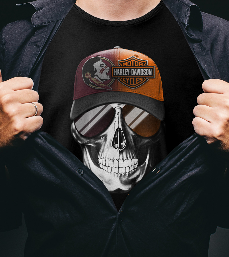 Harley Davidson Motor Cycles Logo Skull With Feathered Logo Cap T-Shirt