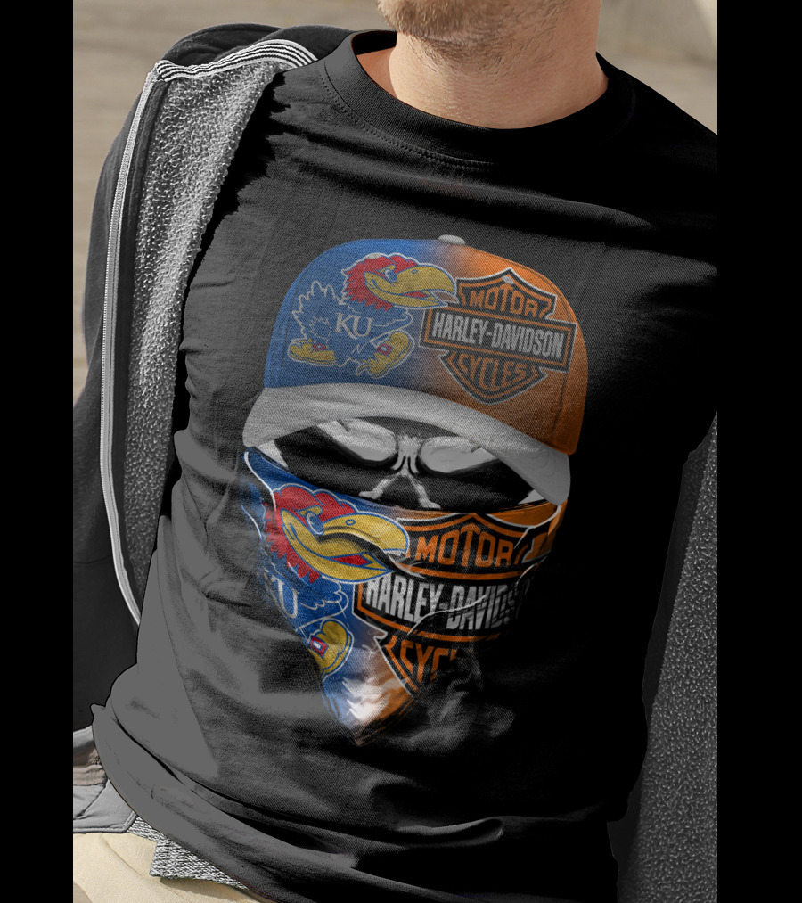 Ku Jayhawks Harley Davidson Skull Motorcycle Fan Gear T-Shirt