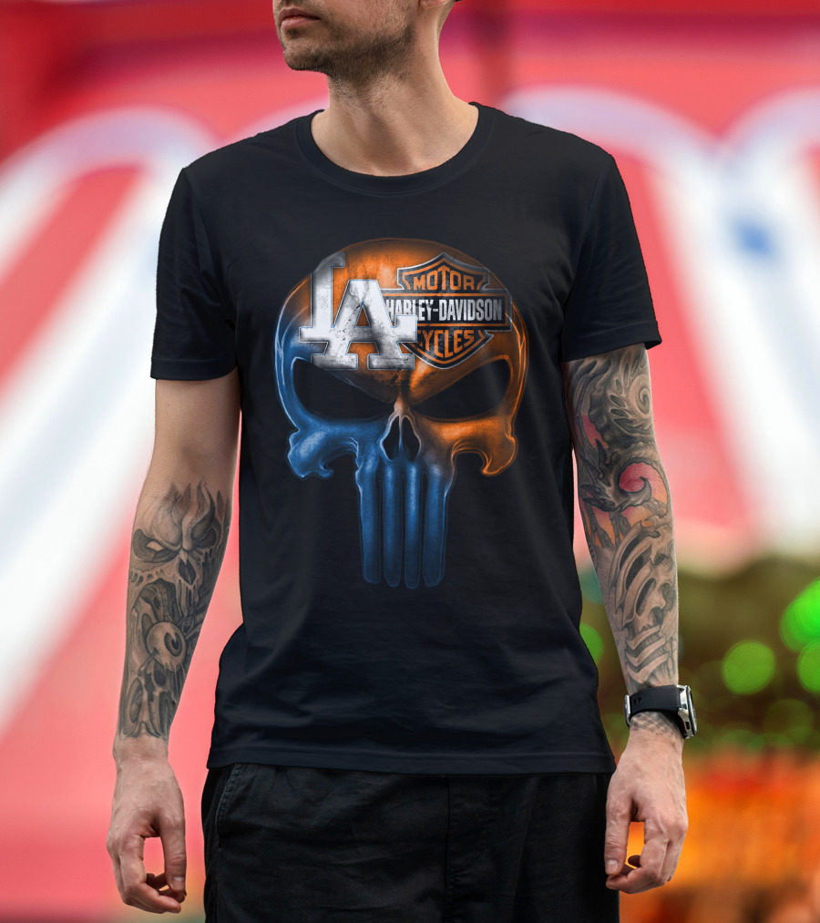 Los Angeles Dodgers Harley Davidson Biker Skull T-Shirt