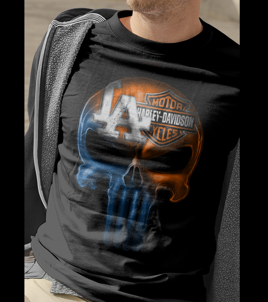 Los Angeles Dodgers Harley Davidson Biker Skull T-Shirt