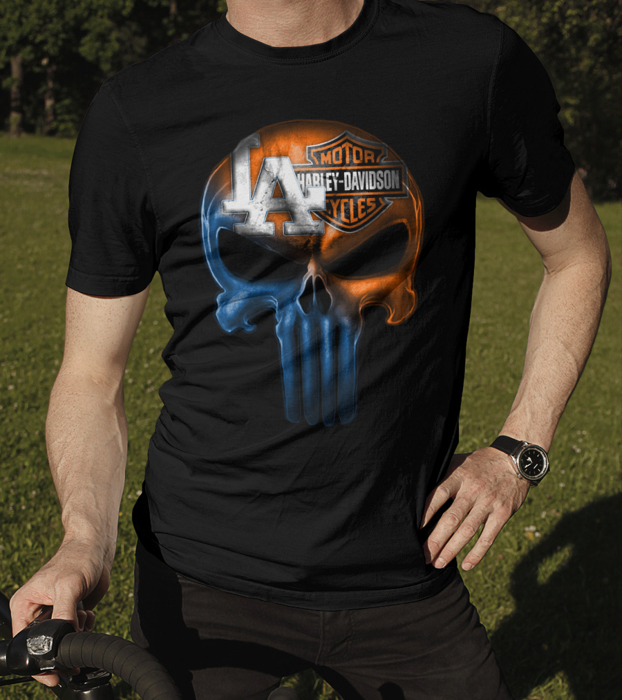 Los Angeles Dodgers Harley Davidson Biker Skull T-Shirt