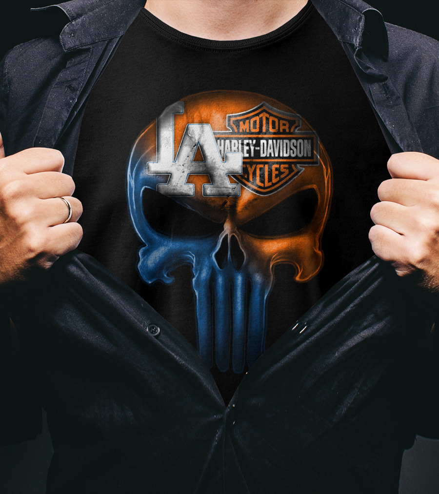 Los Angeles Dodgers Harley Davidson Biker Skull T-Shirt