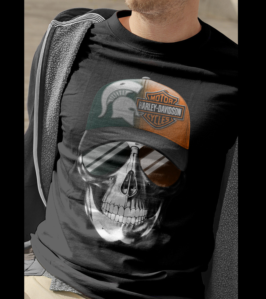 Skull With Michigan State Spartan And Harley Davidson Motorcycles Cap T-Shirt