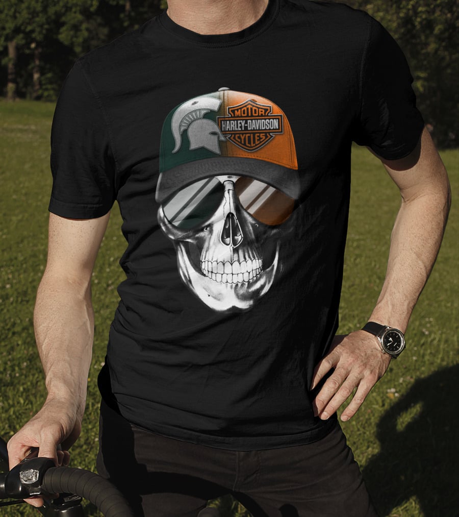 Skull With Michigan State Spartan And Harley Davidson Motorcycles Cap T-Shirt
