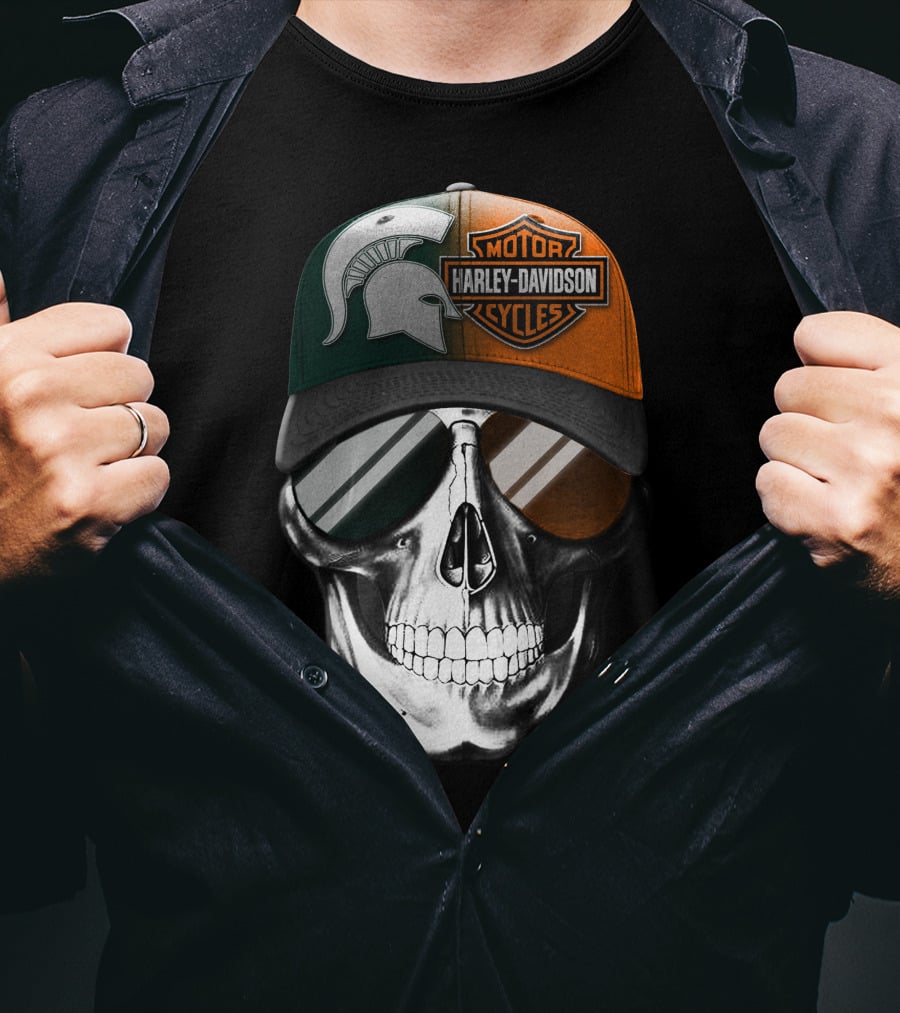 Skull With Michigan State Spartan And Harley Davidson Motorcycles Cap T-Shirt