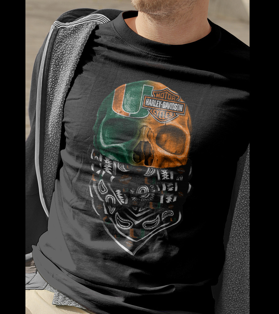 Harley Davidson Skull With Miami Hurricanes Bandana T-Shirt