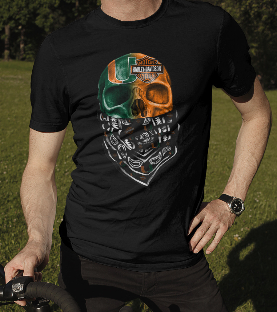 Harley Davidson Skull With Miami Hurricanes Bandana T-Shirt