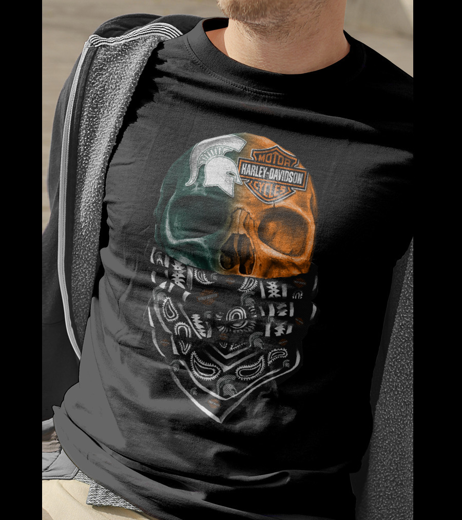 Harley Davidson Skull With Michigan State Spartans Bandana T-Shirt