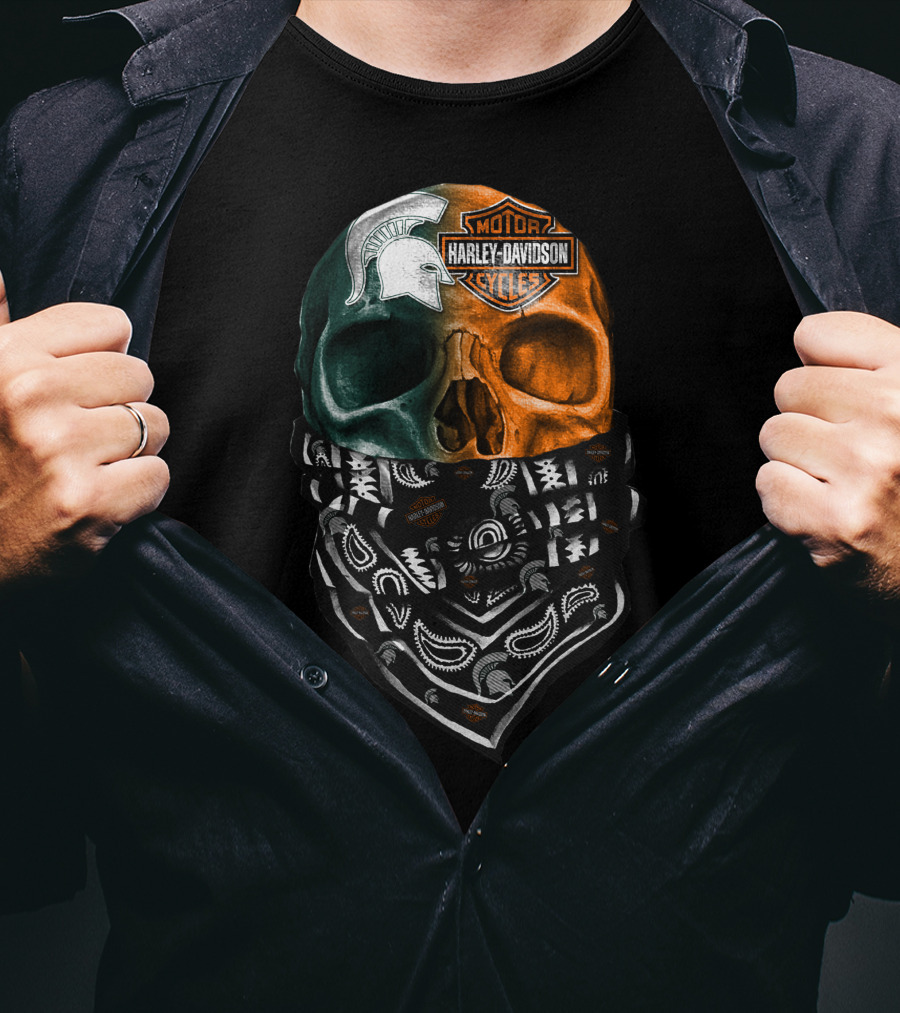 Harley Davidson Skull With Michigan State Spartans Bandana T-Shirt