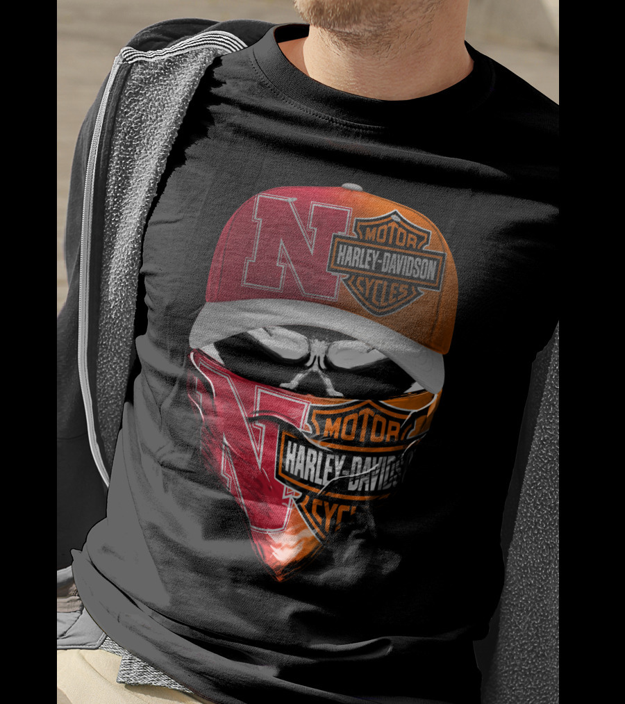 Nebraska Cornhuskers And Harley Davidson Cycles Skull Face Mask Hat Combo T-Shirt