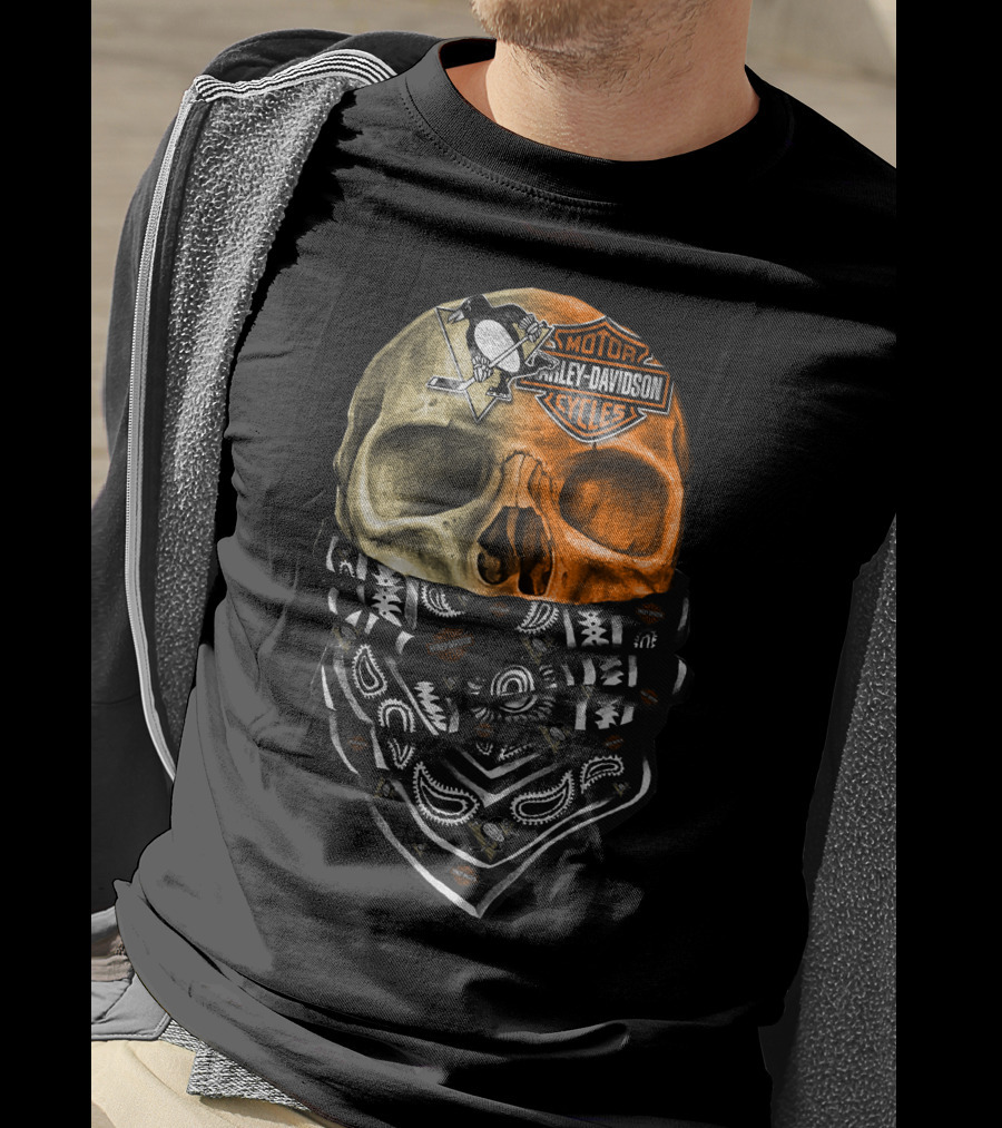 Penguins And Harley Davidson Skull Bandana T-Shirt