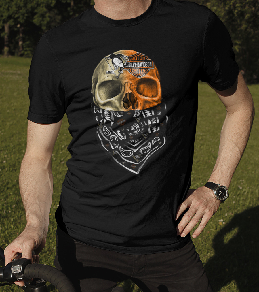 Penguins And Harley Davidson Skull Bandana T-Shirt