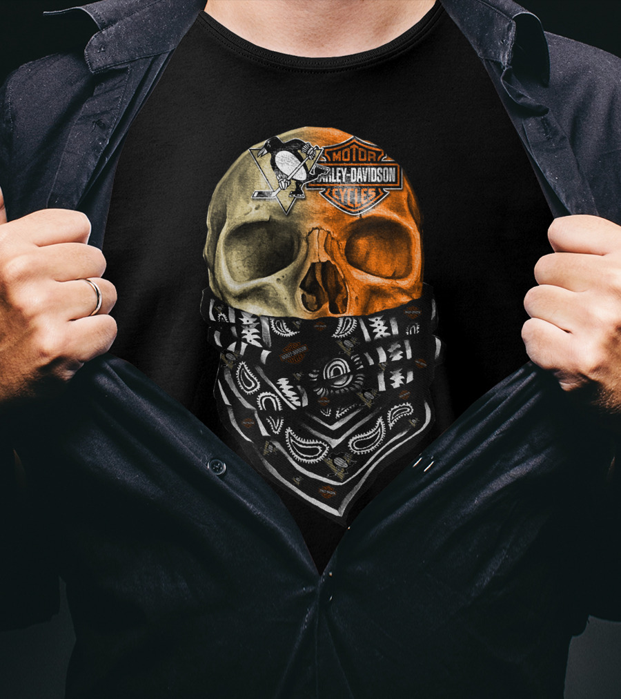 Penguins And Harley Davidson Skull Bandana T-Shirt