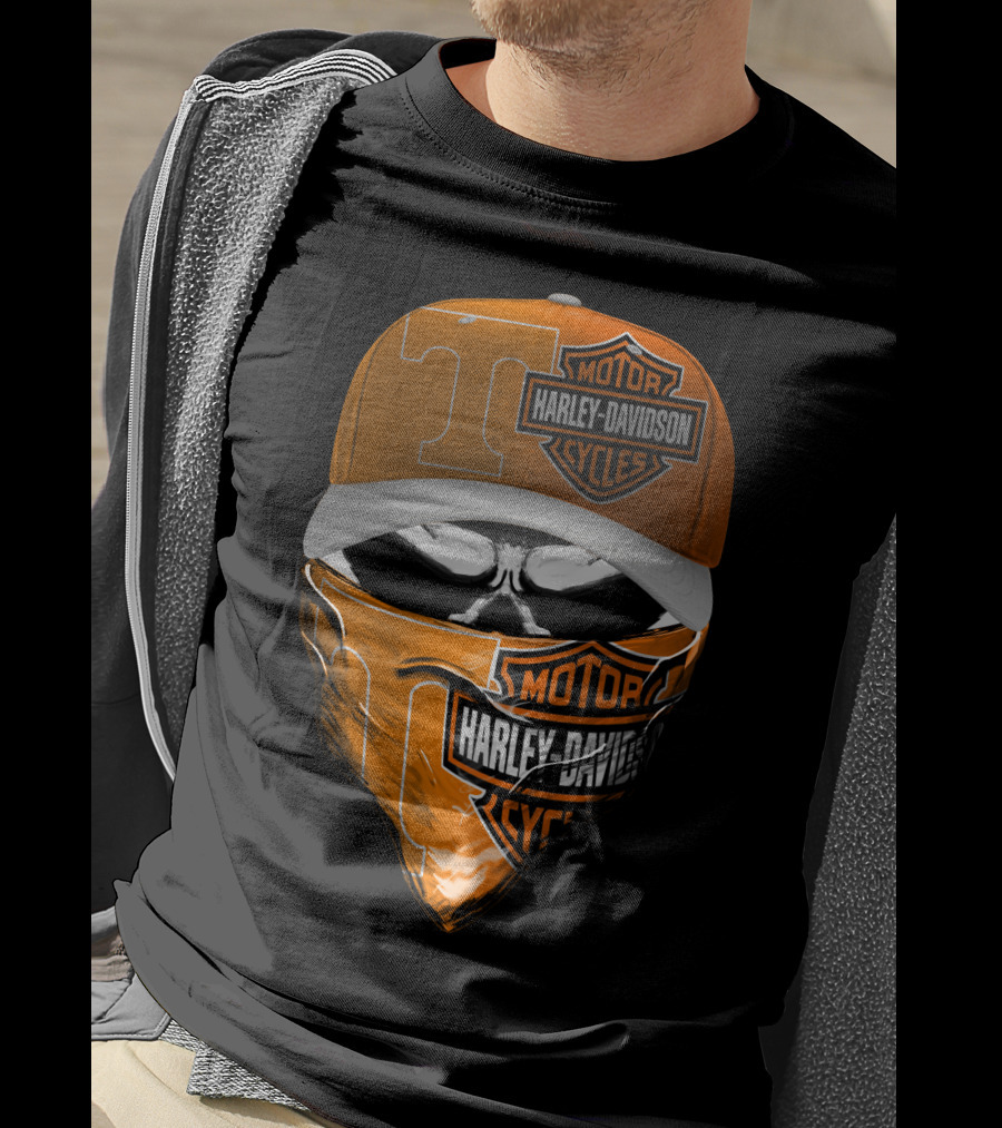 Harley Davidson Motorcycles Skull With Tennessee Volunteers Cap And Bandana T-Shirt