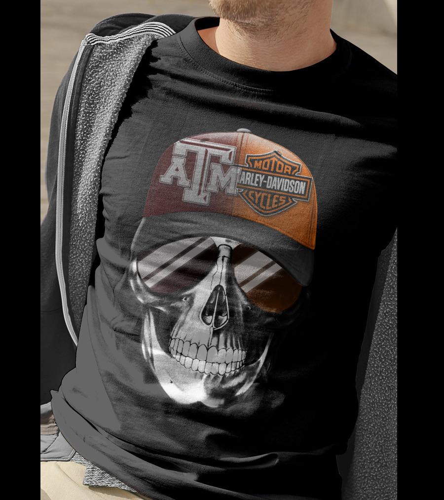 Texas A&M Harley Davidson Skull Hat With Sunglasses T-Shirt