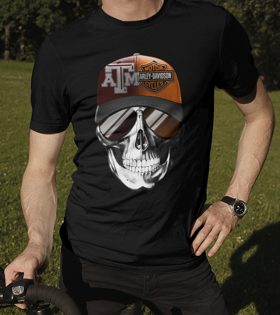 Texas A&M Harley Davidson Skull Hat With Sunglasses T-Shirt