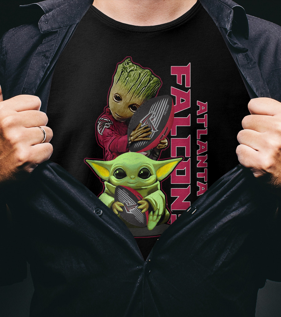 Grzd Atlanta Falcons Baby Groot Yoda Holding Football T-Shirt