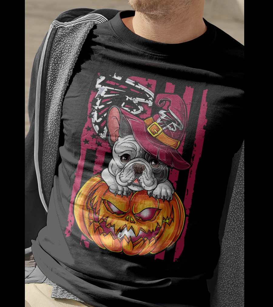 Hlw Bulldog Pumpkin Witch Hat Atlanta Falcons T-Shirt