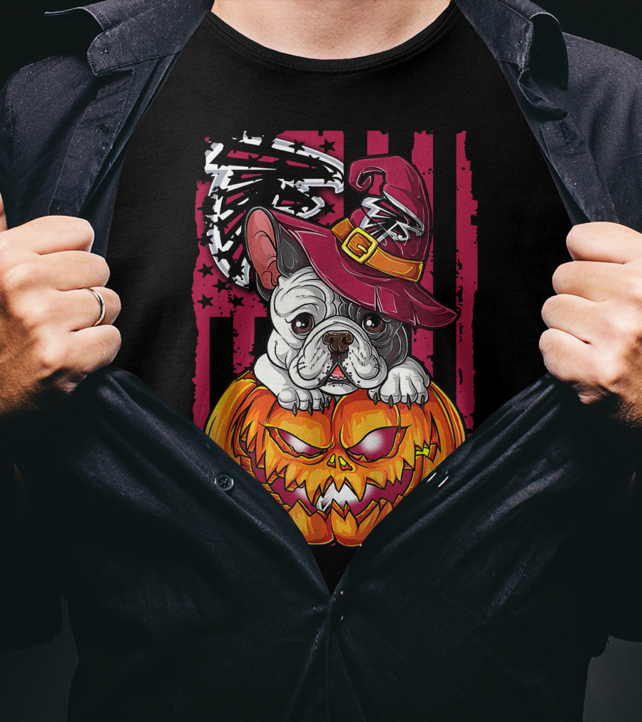 Hlw Bulldog Pumpkin Witch Hat Atlanta Falcons T-Shirt