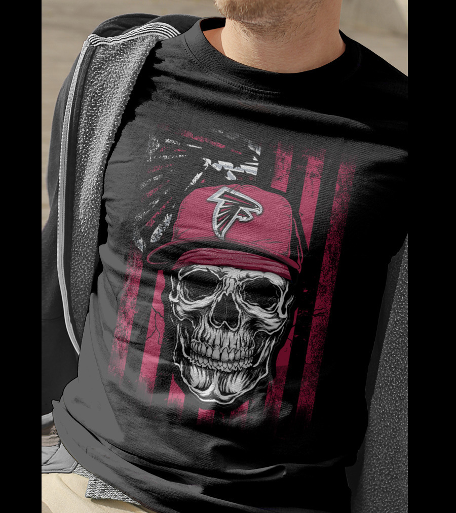 Skull Wearing Atlanta Falcons Cap With Red And Black T-Shirt