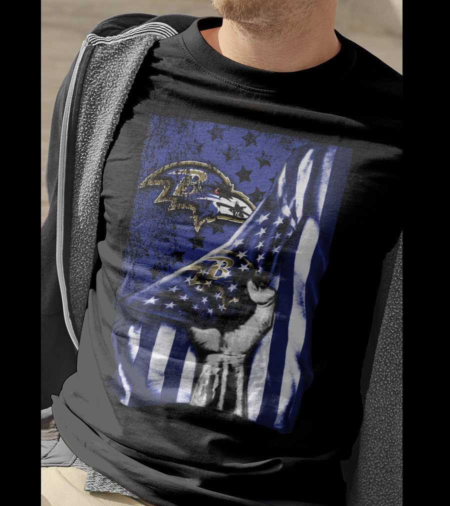 Baltimore Ravens Flag Stars Fist Ravens Logo Blue White T-Shirt