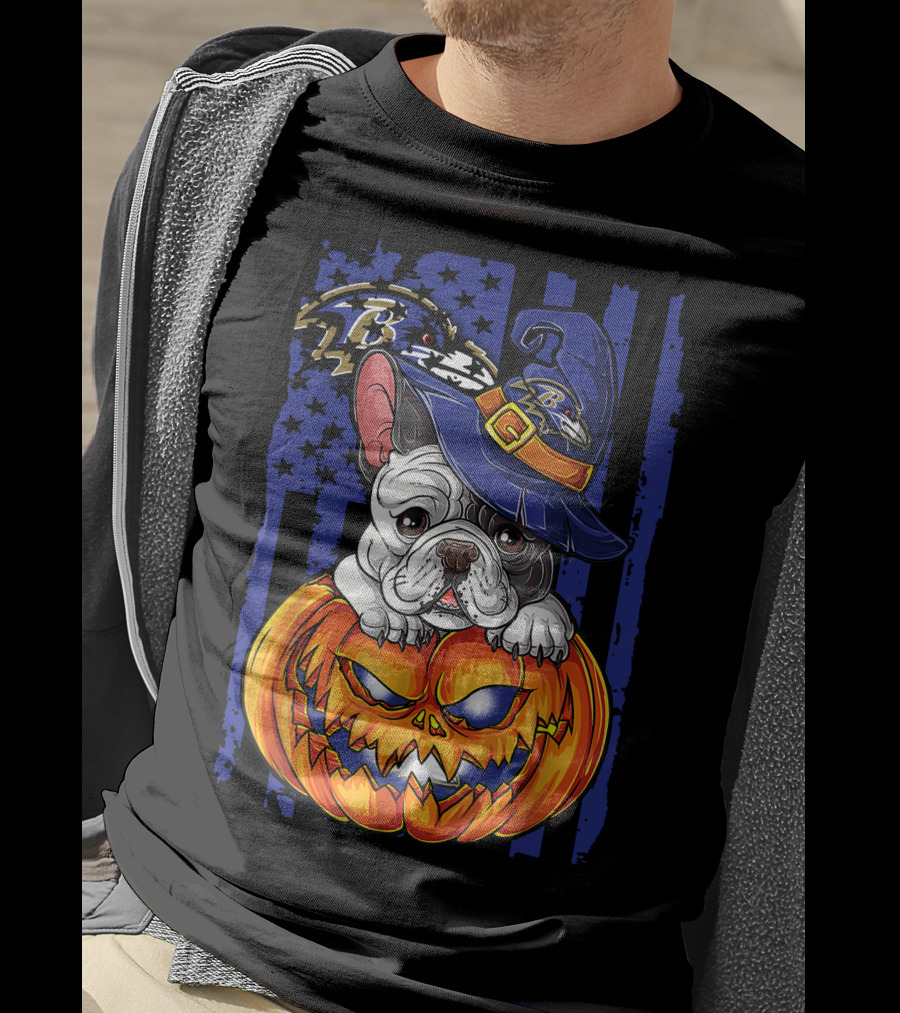 Bulldog Halloween Pumpkin Baltimore Ravens Wizard Hat T-Shirt
