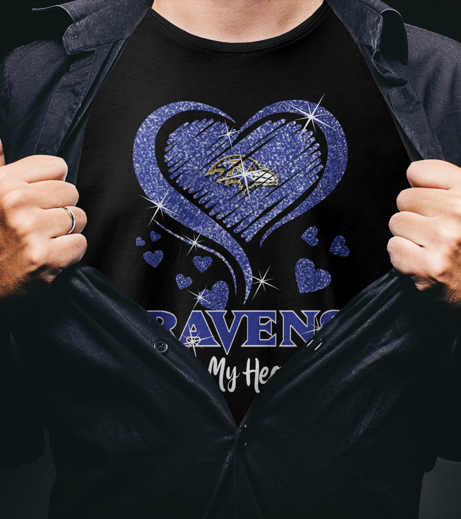 Ravens In My Heart Baltimore Ravens Heart Logo With Sparkling Effect T-Shirt