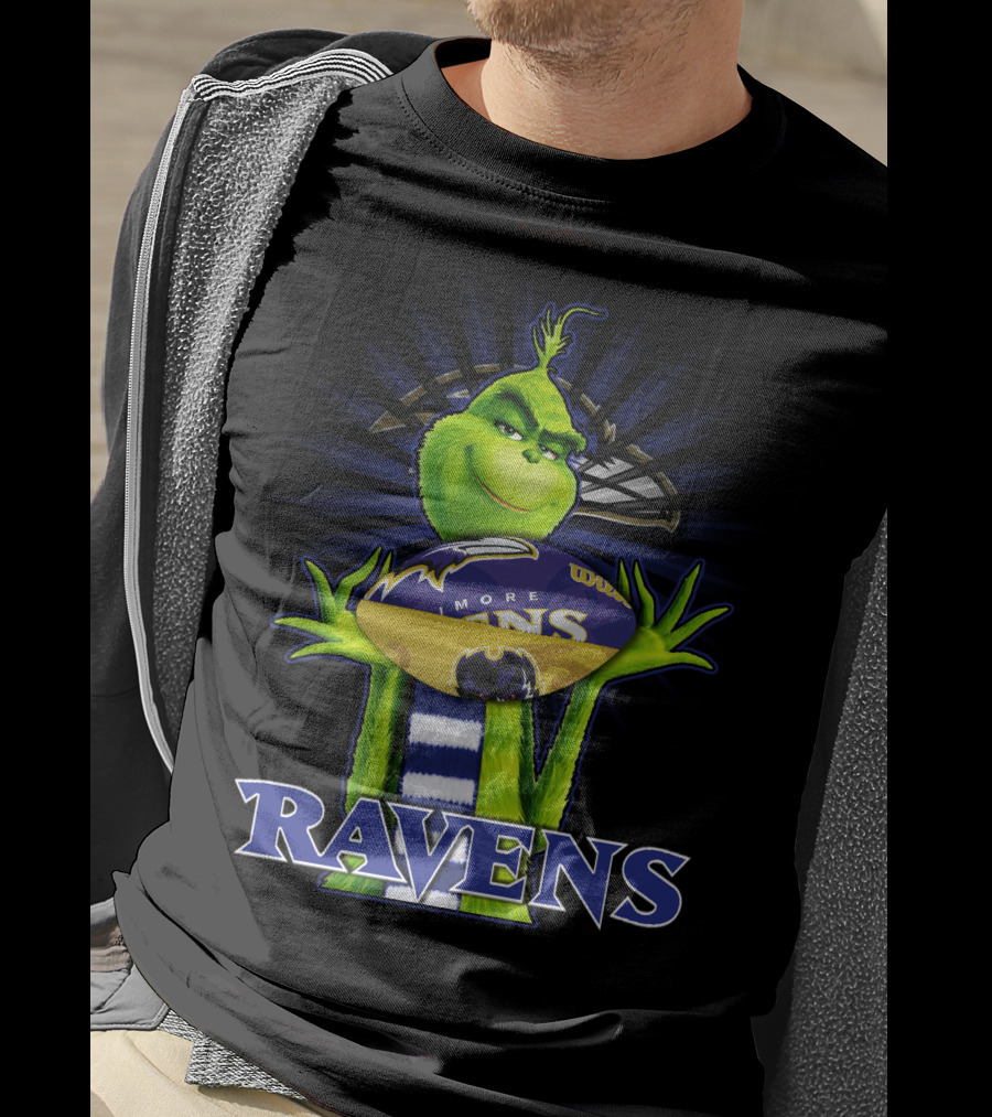 Grinch Holding Baltimore Ravens Football With Ravens Text T-Shirt