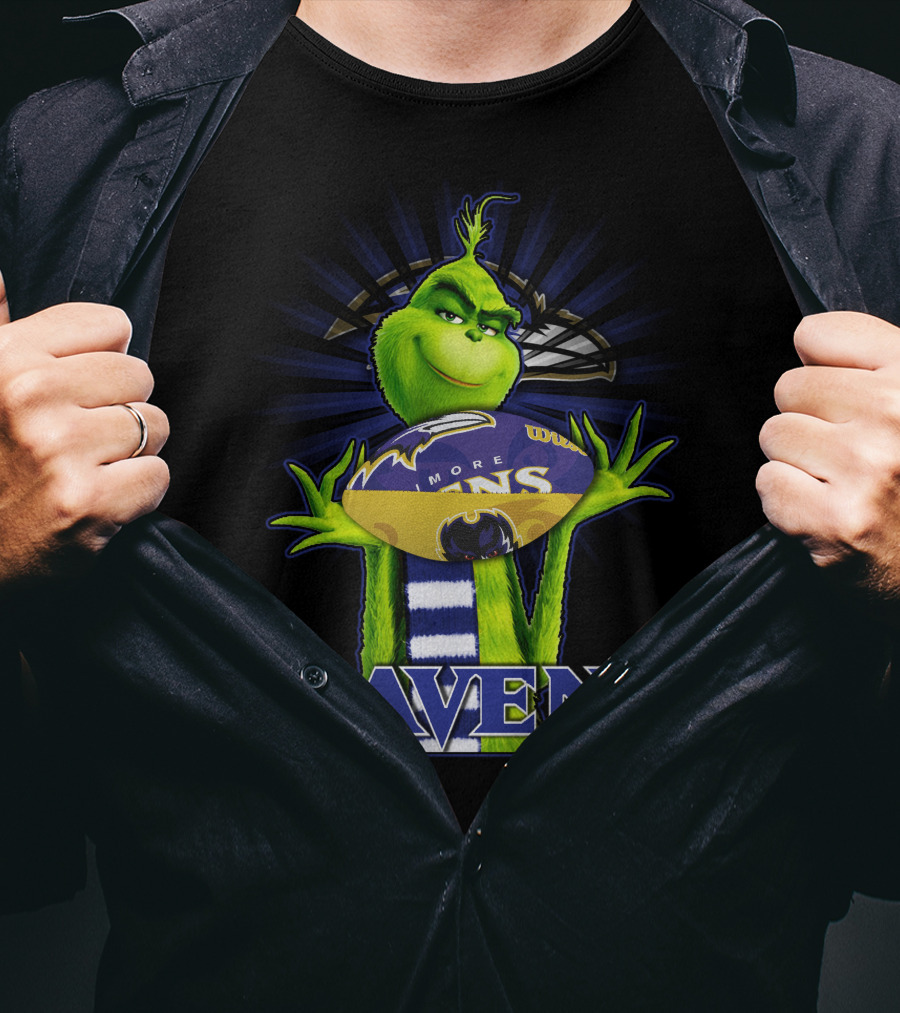Grinch Holding Baltimore Ravens Football With Ravens Text T-Shirt