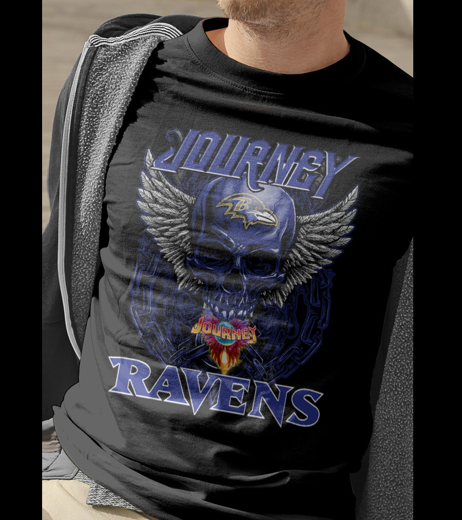 Journey Baltimore Ravens Skull Wings Logo Flames T-Shirt