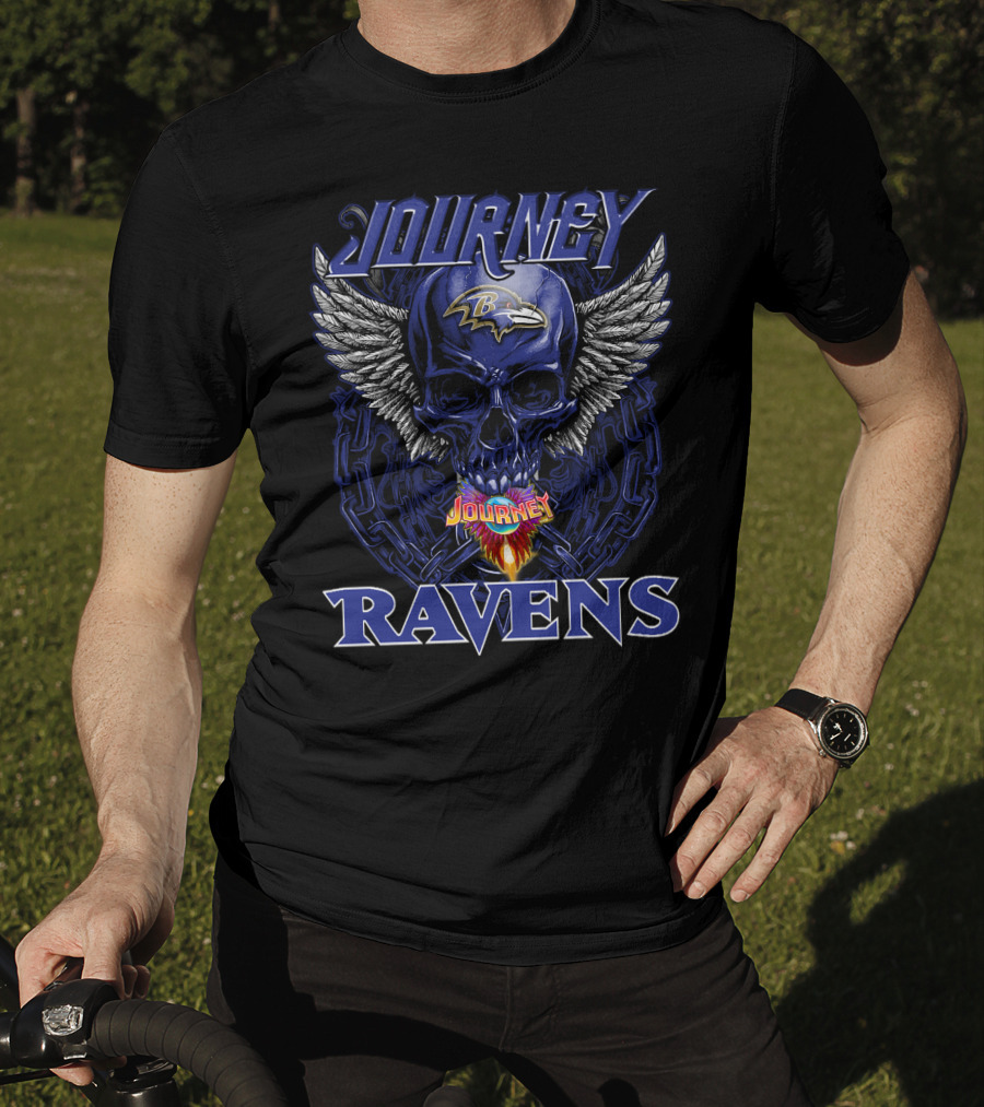 Journey Baltimore Ravens Skull Wings Logo Flames T-Shirt