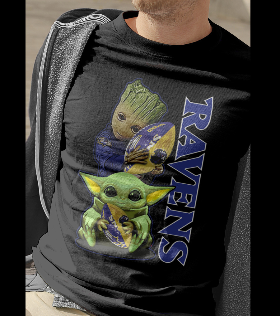 Grzd Baltimore Ravens Baby Yoda And Groot Ravens Football T-Shirt