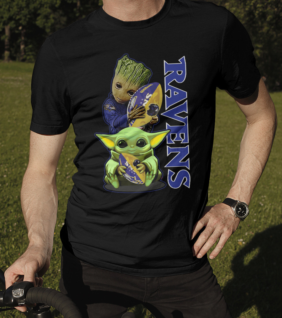 Grzd Baltimore Ravens Baby Yoda And Groot Ravens Football T-Shirt