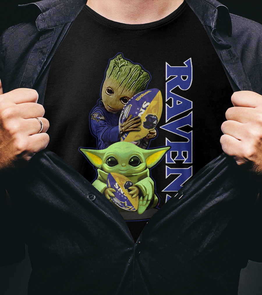 Grzd Baltimore Ravens Baby Yoda And Groot Ravens Football T-Shirt