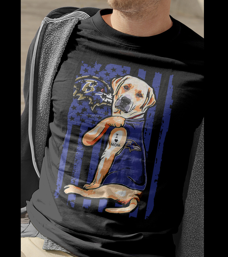 Labrador Retriever In Baltimore Ravens Jersey With I Love Mom Tattoo T-Shirt