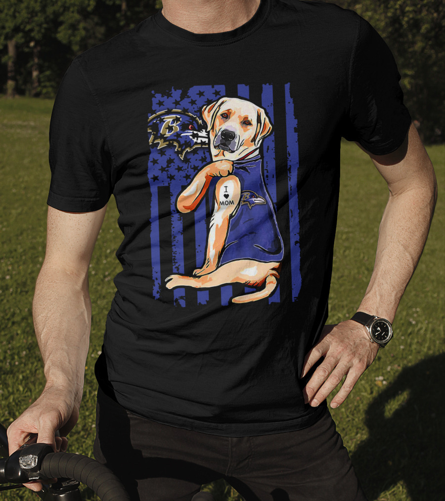 Labrador Retriever In Baltimore Ravens Jersey With I Love Mom Tattoo T-Shirt