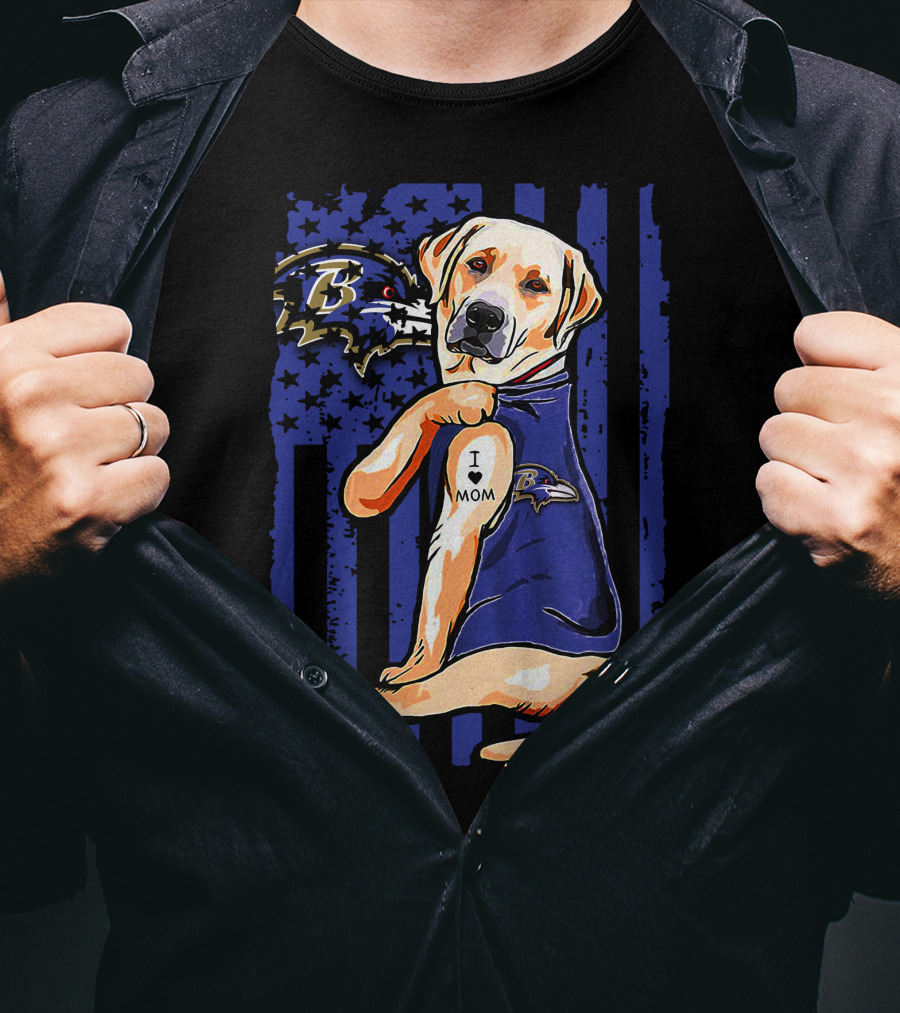 Labrador Retriever In Baltimore Ravens Jersey With I Love Mom Tattoo T-Shirt