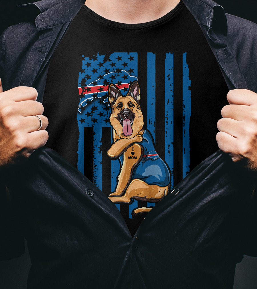 German Shepherd I Love Mom Buffalo Bills USA Flag T-Shirt